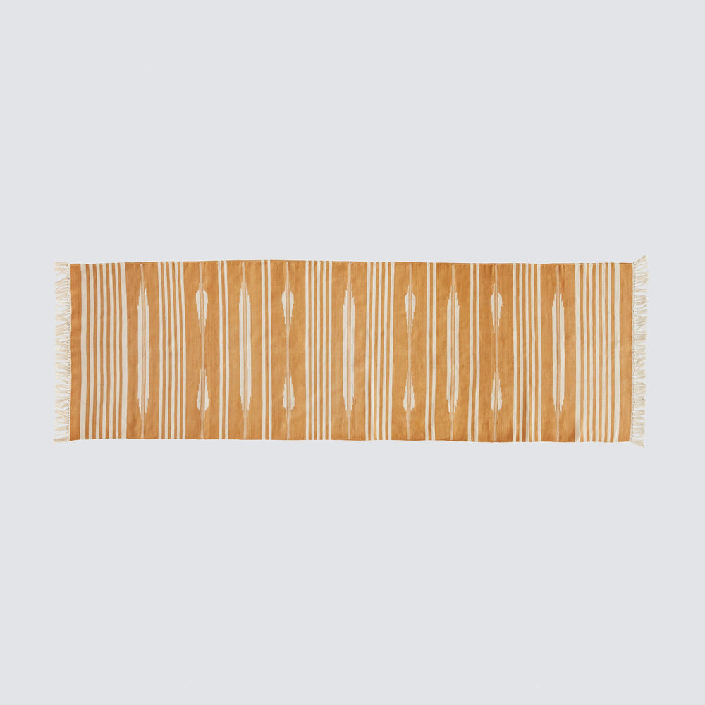 Full Overhead of Mustard Yellow Cotton Runner with Fringe