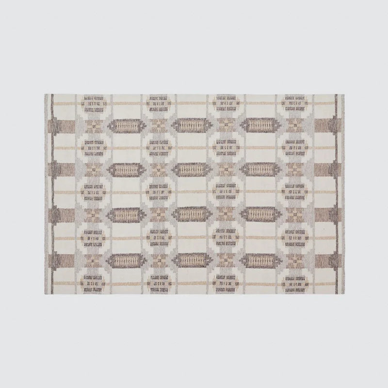 Overhead of Adah patterned flatweave rug, ecru