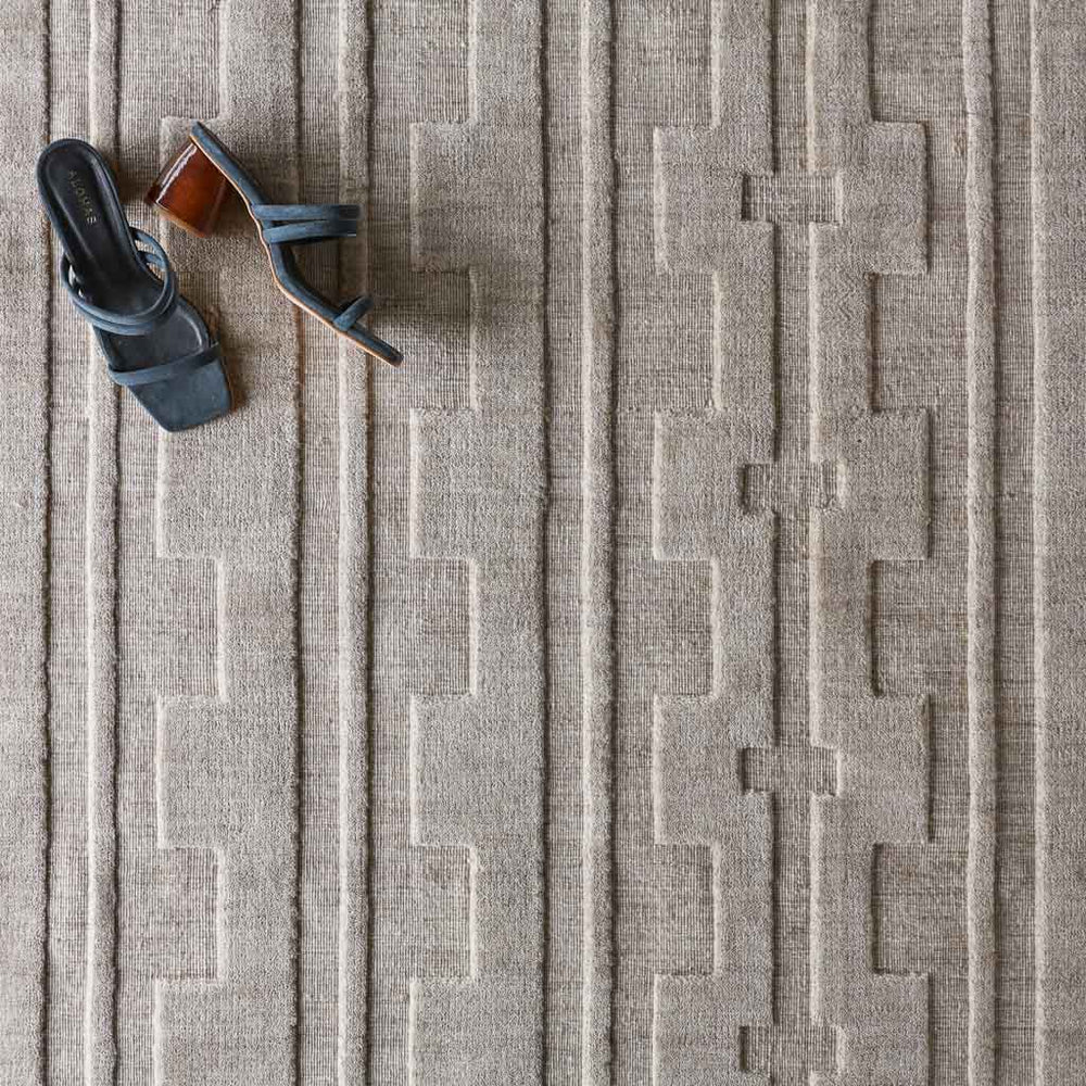 amrya area rug with blue shoes, light grey