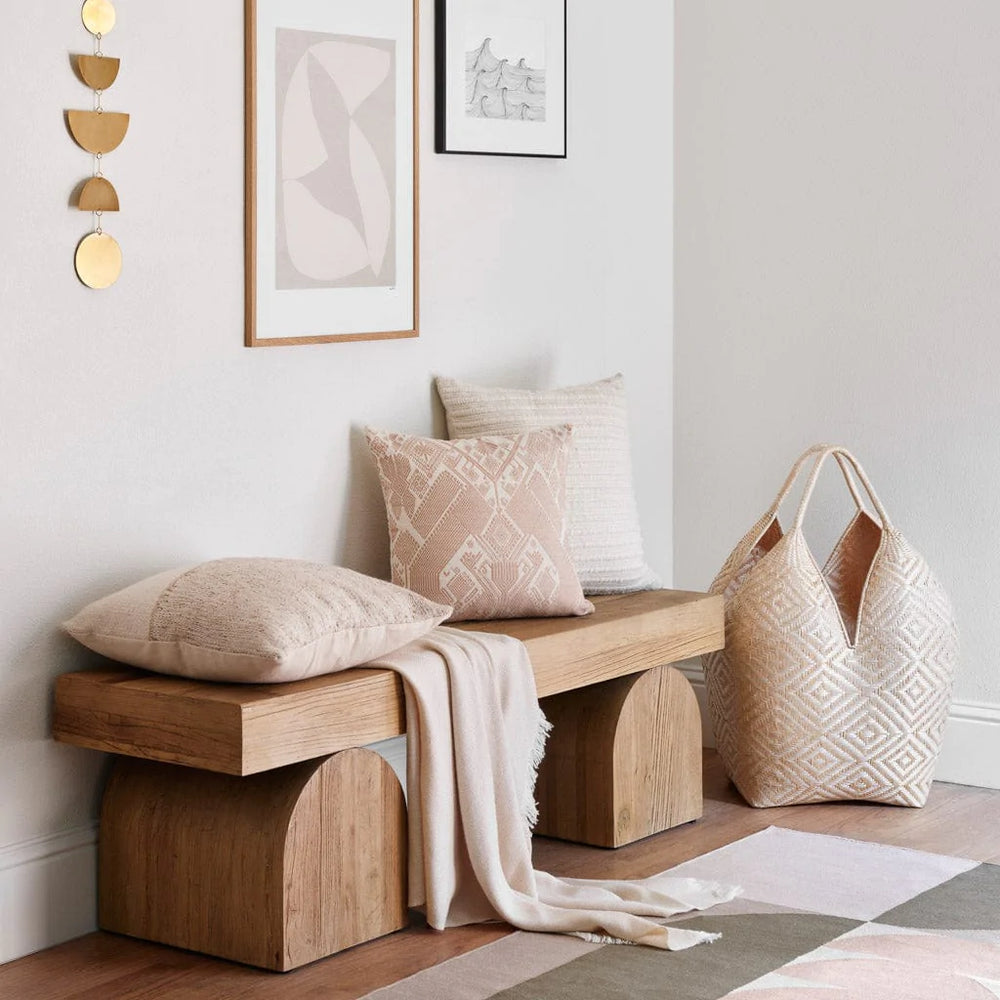 Woven Pillow in Sand on Modern Bench in Entryway