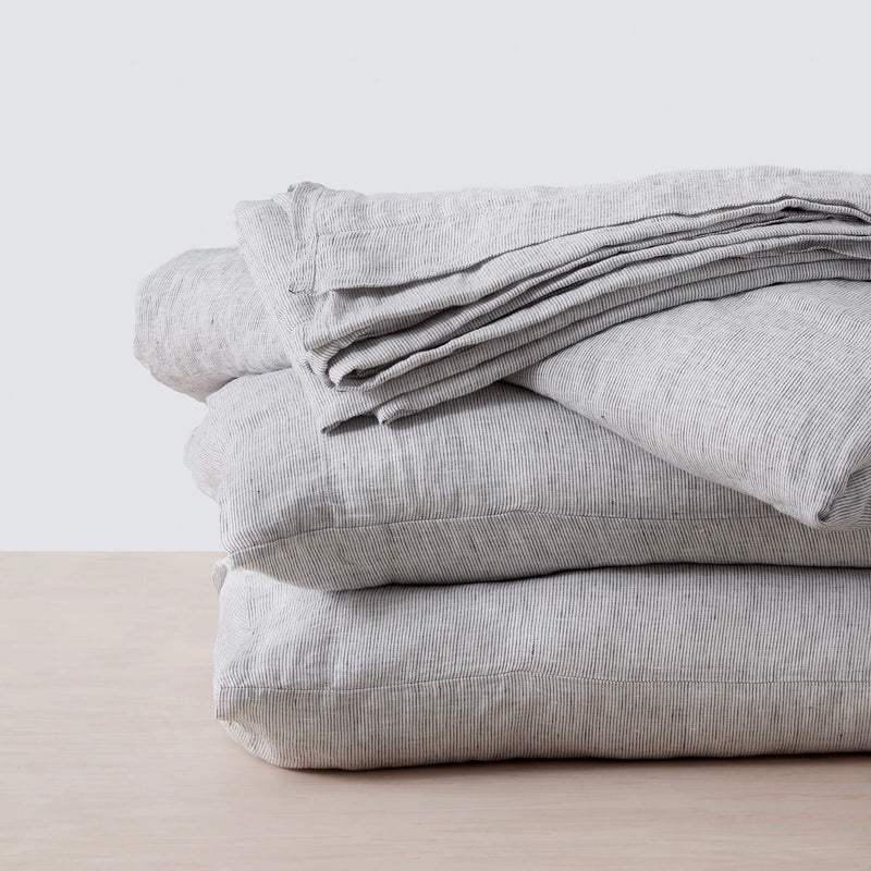 Striped Linen Sheet Set with Fitted Sheet and Flat Sheet and Two Pillowcases, graphite-stripe