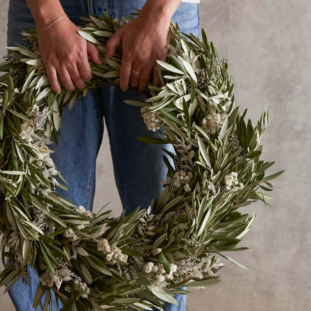 Fresh Olive and Dried Floral Wreath