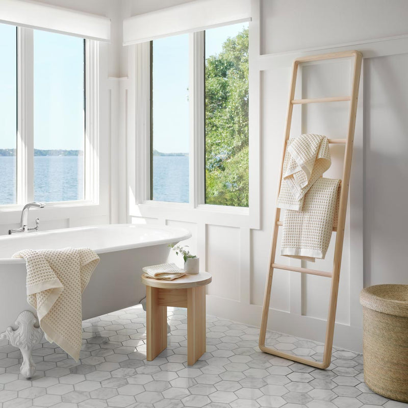 Soft cream waffle towels in bathroom, natural