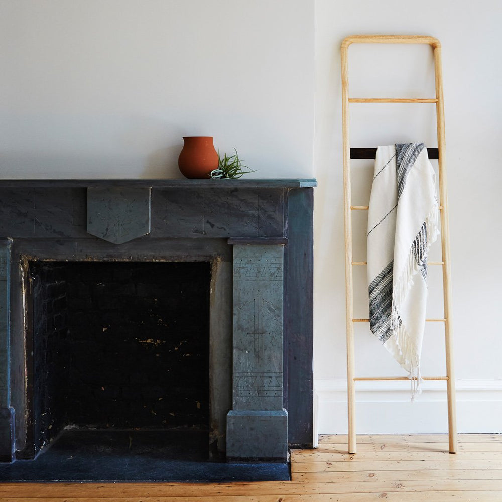 Fringed Alpaca Throw Blanket Draped Over Ladder