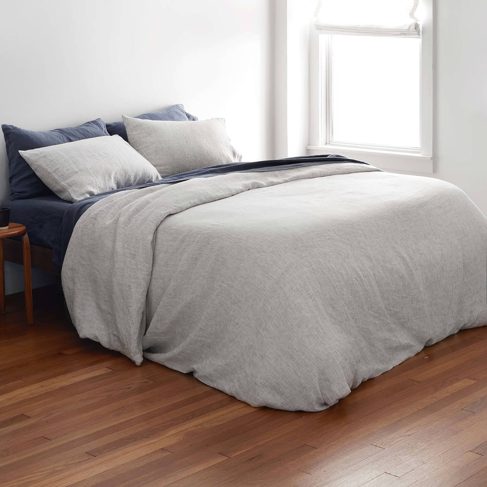 Striped Linen Duvet Cover with Navy Blue Sheets