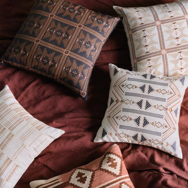 overhead of blockprint pillow, Ecru