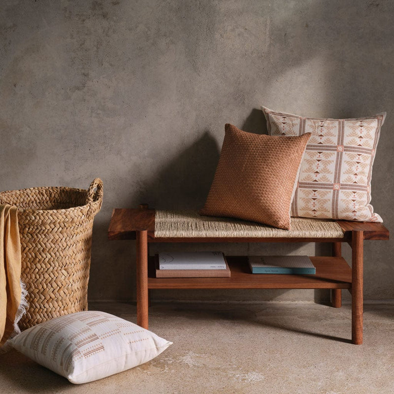 block print pillow on bench, Ecru
