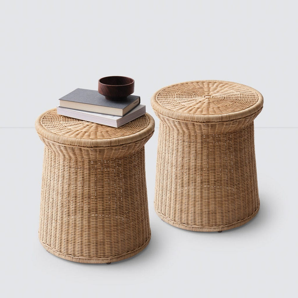 Pair of round wicker pedestal tables