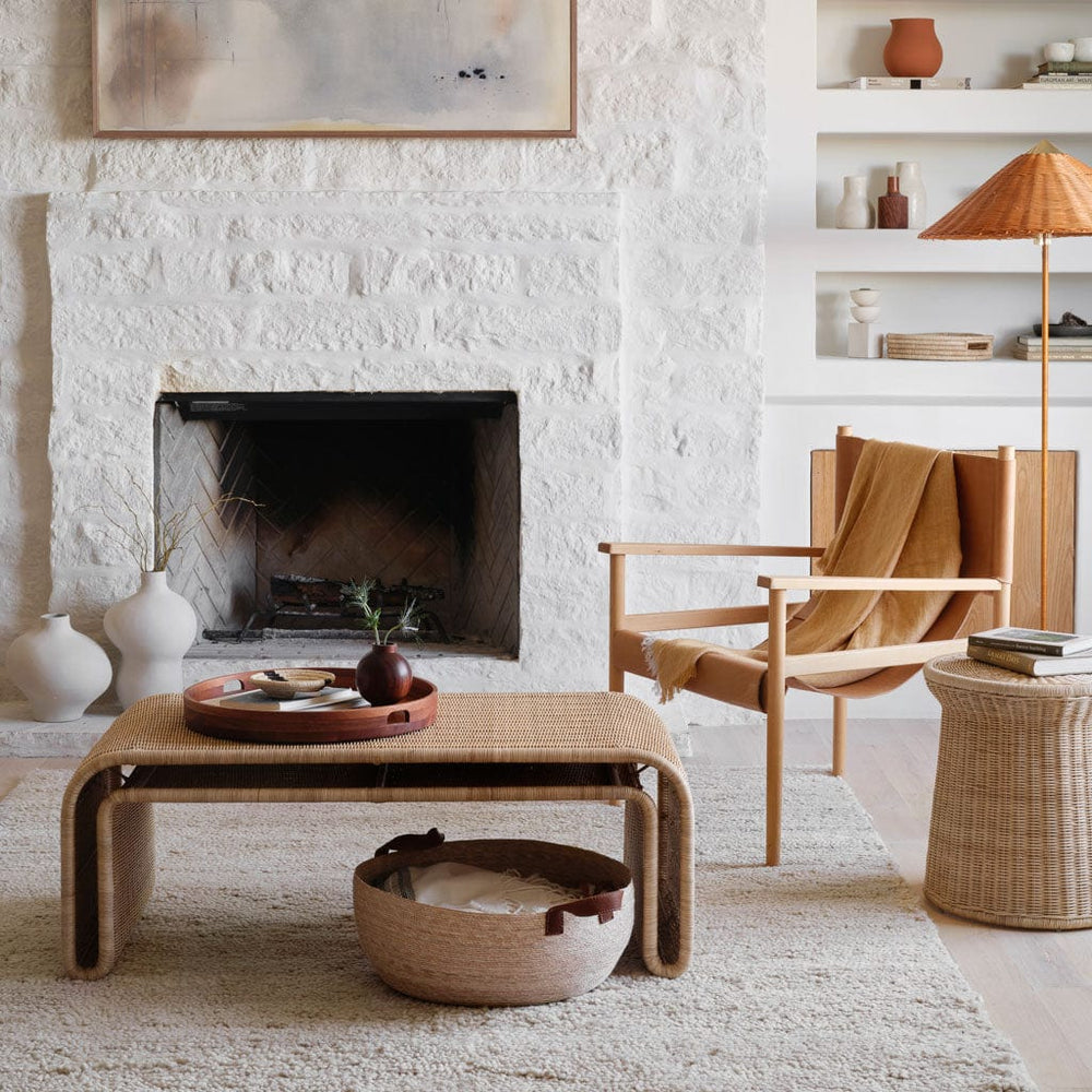 Ora wicker side table with wicker waterfall coffee table and leather sling chair