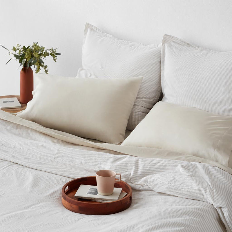 Wood tray with mug on bed, sand-stripe