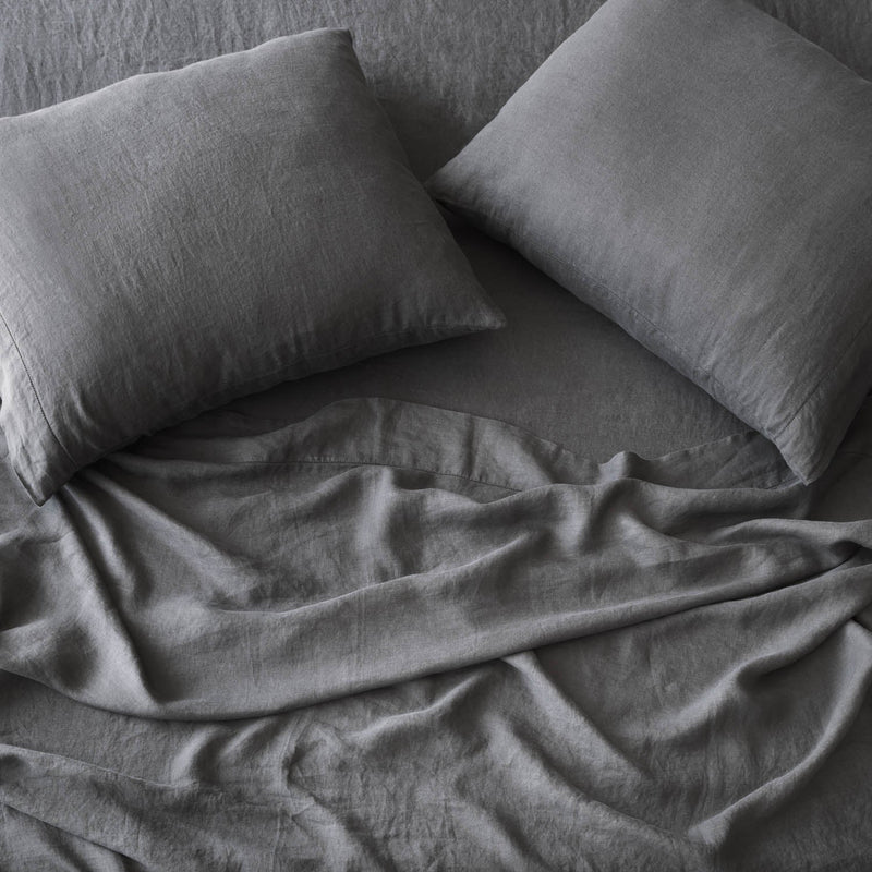 Overhead of Bed with Charcoal Grey Linen Sheets, charcoal