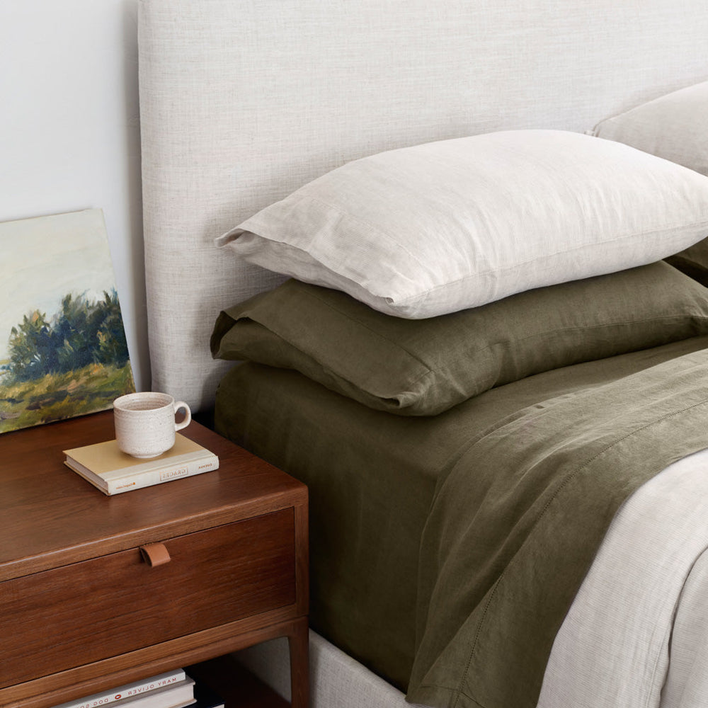 Stack of Tan Stripe and Olive Linen Pillows