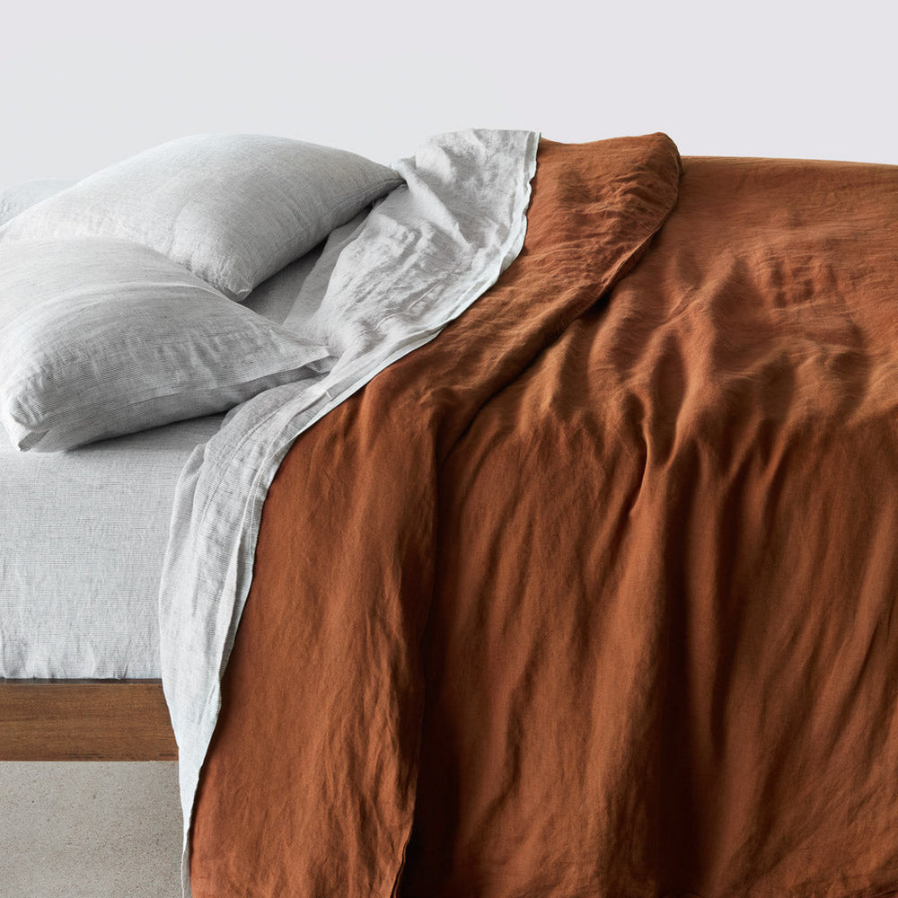 Detail of Sienna and Grey Stripe Linen Bed set