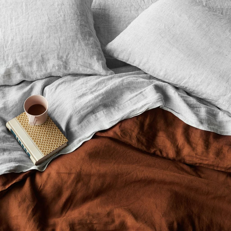 Overhead of Sienna and Grey Bed Sheets from Portugal, sienna-graphite-stripe