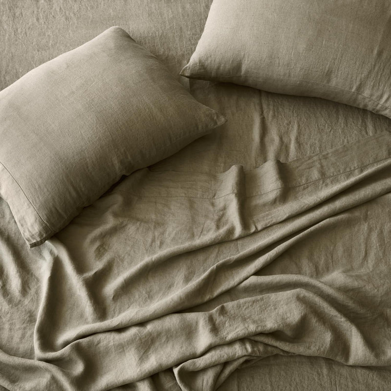 Overhead of Bed with Olive Green Linen Sheets, olive