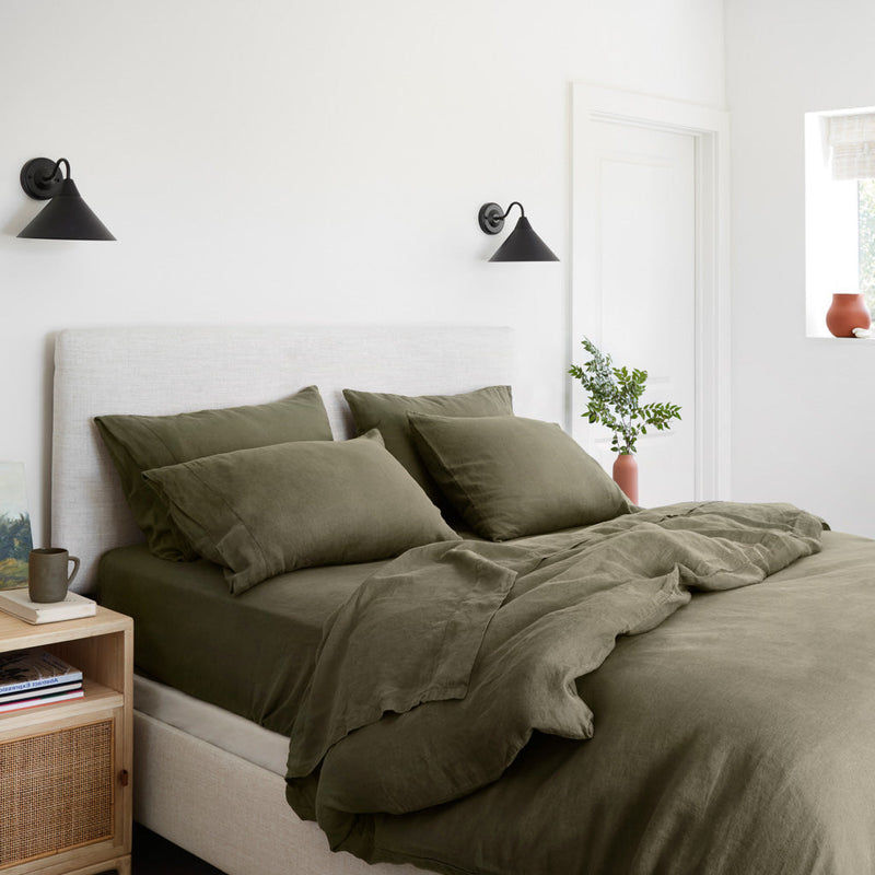 Styled Image of Olive Linen Bedding, olive
