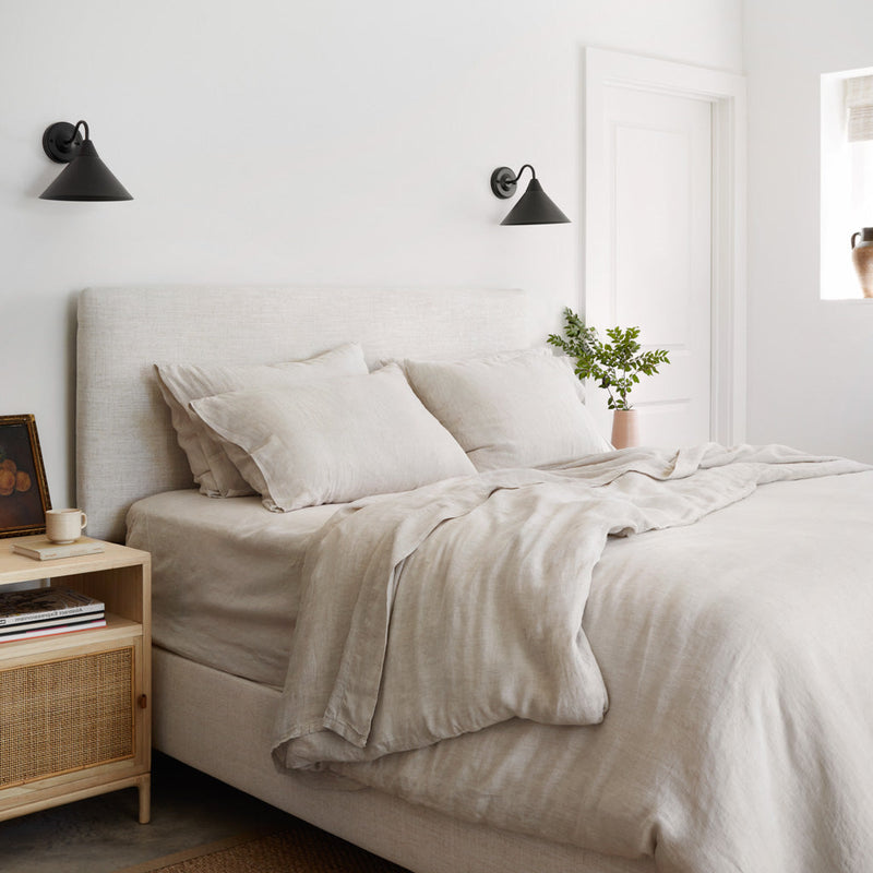 Styled Image of Tan Pinstripe Linen Bedding, sand-stripe
