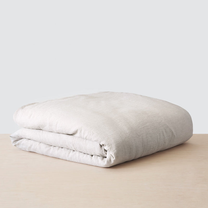Folded Soft Beige Pinstriped Linen Duvet Cover, sand-stripe