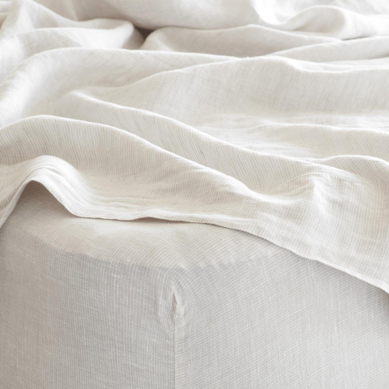Close Up of Tan Striped Linen Bed Sheet, sand-stripe
