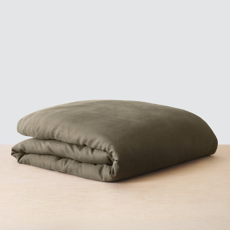 Folded Pinstripe Linen Duvet Cover, olive