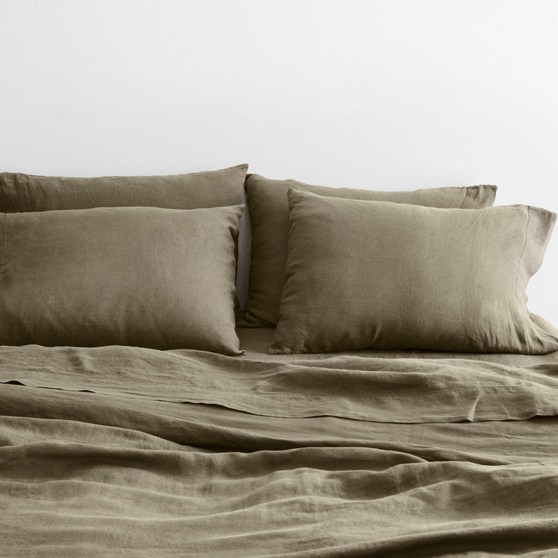 Complete Set of Linen Bedding in Olive, olive