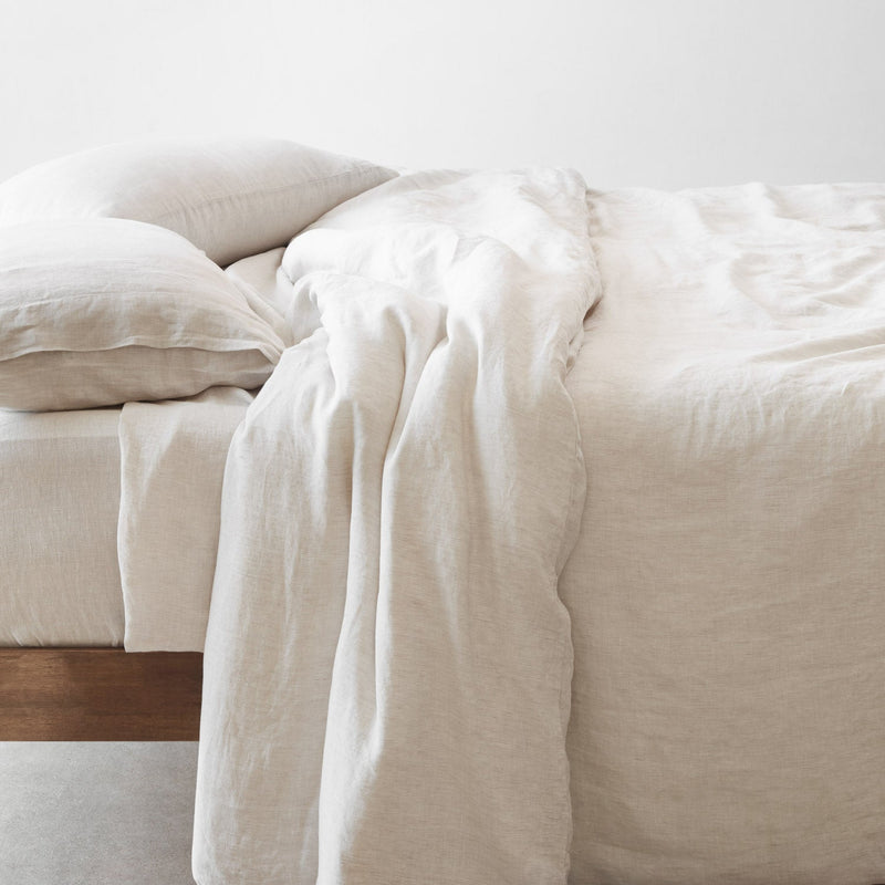Side View of Bed With Tan Linen Pinstripe Bedding, sand-stripe