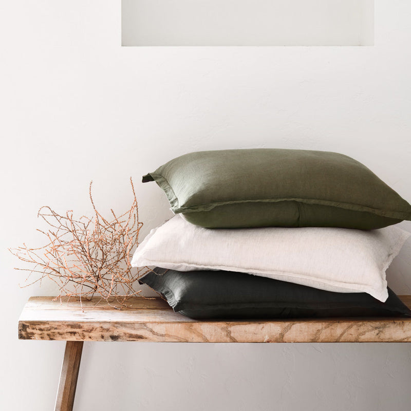 Stack of Linen Euro Shams on Bench, sand-stripe