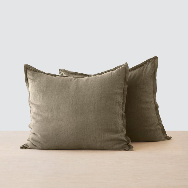 Two Olive Green Linen Euro Sham Pillowcases, olive