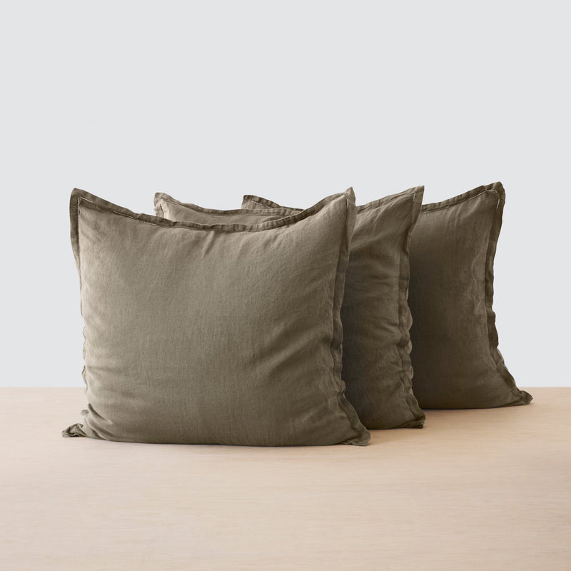 Set of Three Olive Linen Euro Shams, olive