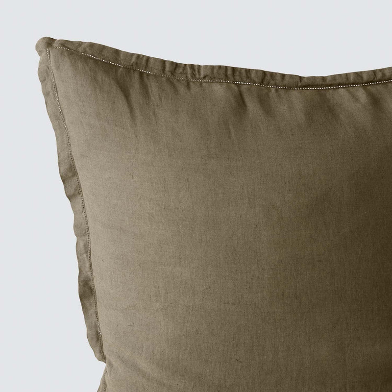 Corner Stitching on Olive Linen Euro Sham, olive