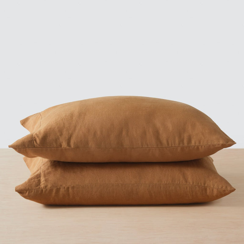 Stack of camel Linen Pillowcases from The Citizenry, camel
