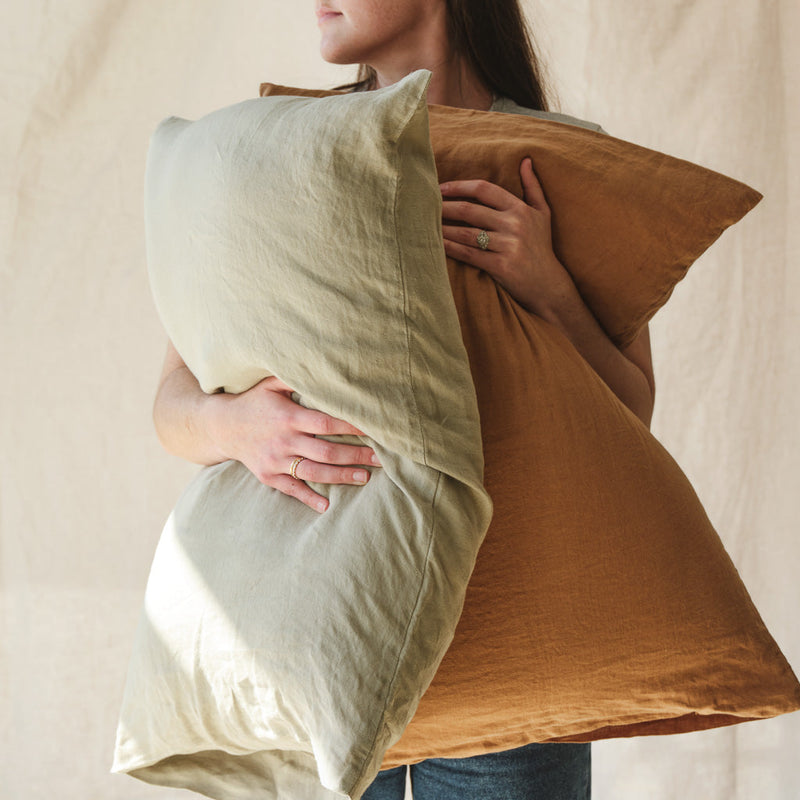 Person holding sage and camel pillows, camel