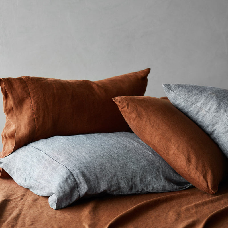 il of linen indigo chambray and sienna pillows, indigo-chambray