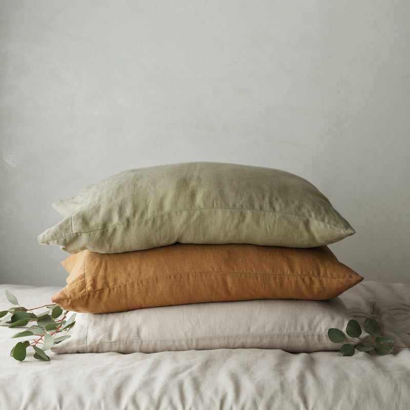 Linen Pillowcase Stack in sage and camel and sand, sage