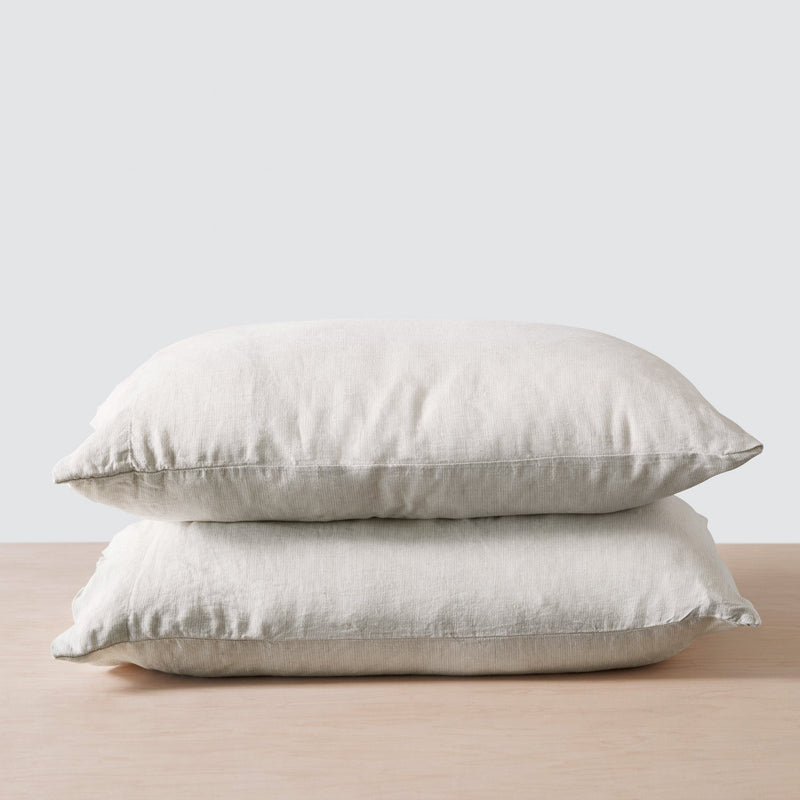 Stack of 2 Tan Striped Stonewashed Linen Pillowcases, sand-stripe