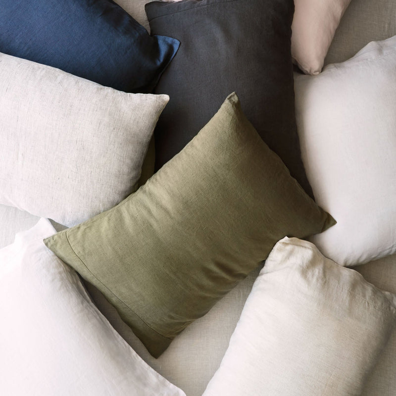Overhead of Multi-colored Linen Pillows, sand-stripe