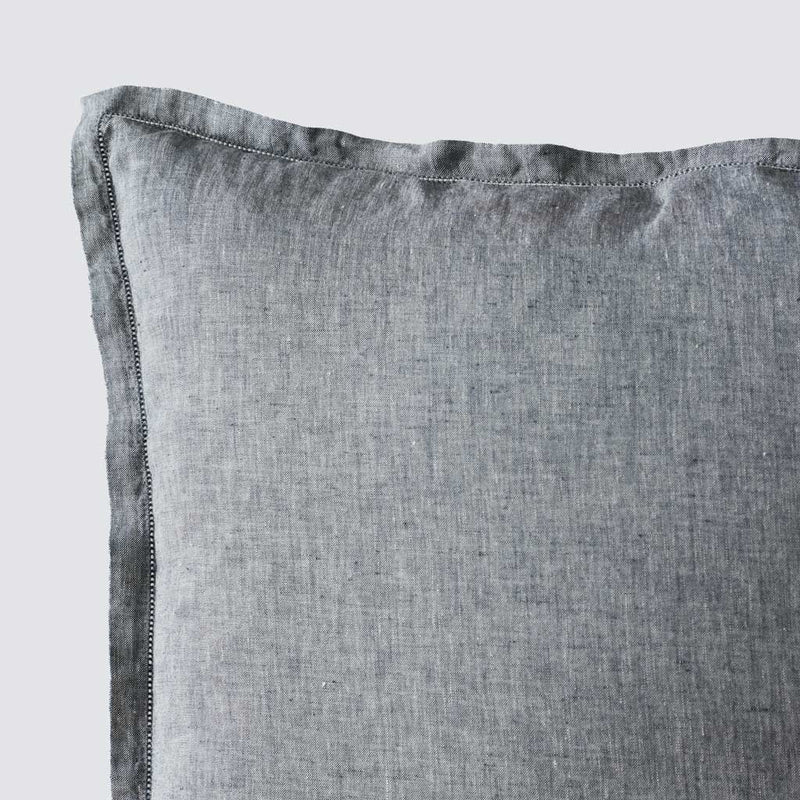 Close Up of Detail Stitching on indigo chambray Linen Pillow Sham, indigo-chambray