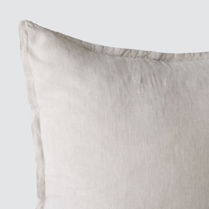 Close Up of Detail Stitching on Tan Pinstripe Linen Pillow Sham, sand-stripe