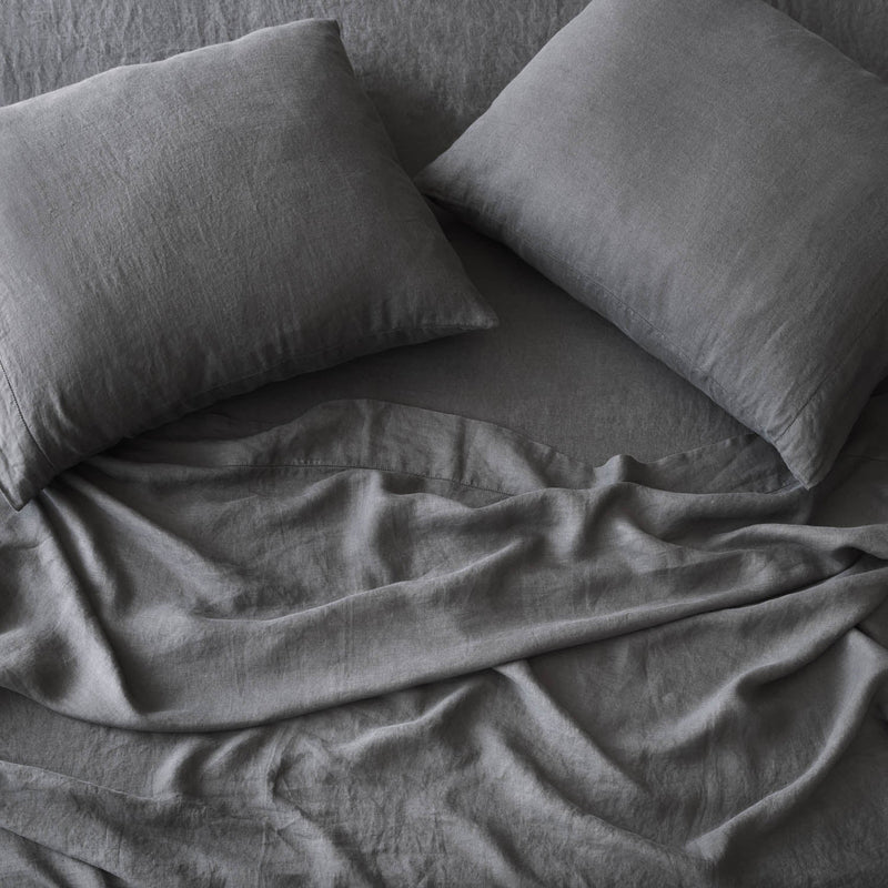 Overhead of Charcoal Linen Sheet Set, charcoal
