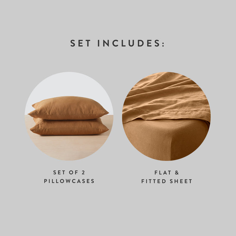 Set includes 2 linen pillowcases with flat and fitted linen sheets, camel