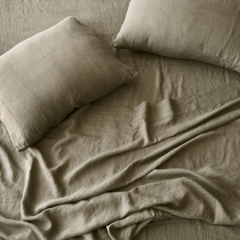 Overhead of Olive Green Linen Sheet Set, olive
