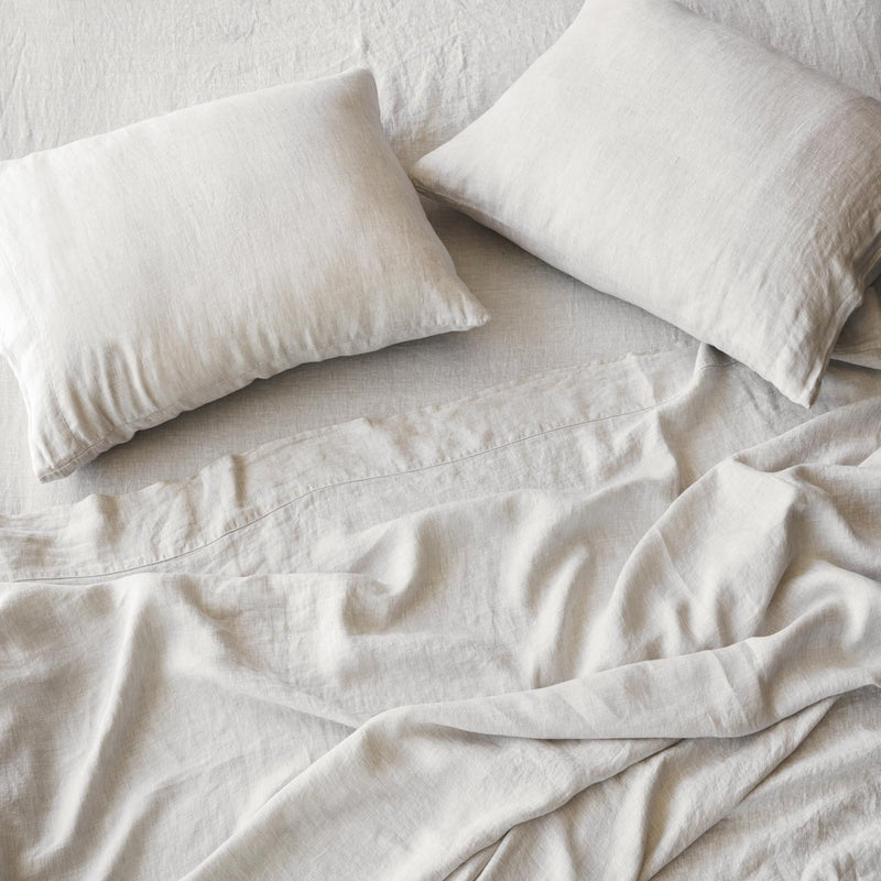 Overhead of Beige Linen Pinstripe Sheets and Pillowcases, sand-stripe