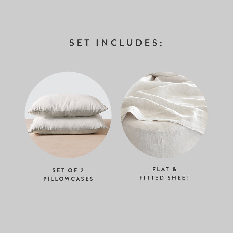 Set Includes 2 Linen Pillowcases with Flat and Fitted Linen Sheets, sand-stripe