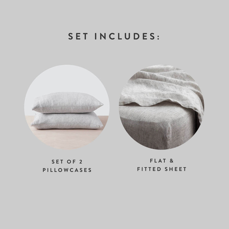 Stripe Linen Sheet Set includes 2 Linen Pillowcases with Linen Top Sheet and Linen Fitted Sheet, graphite-stripe